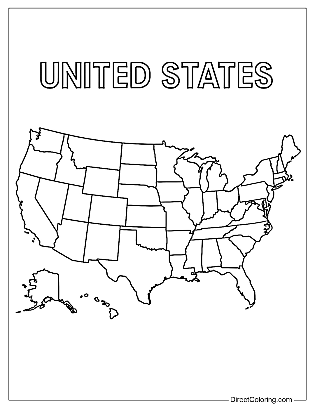 Coloring page of the map of the 50 US states